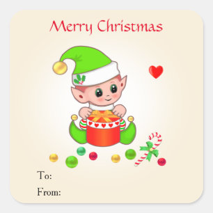 Weihnachts-Niedlicher Elf auf Beige für Geschenke  Quadratischer Aufkleber