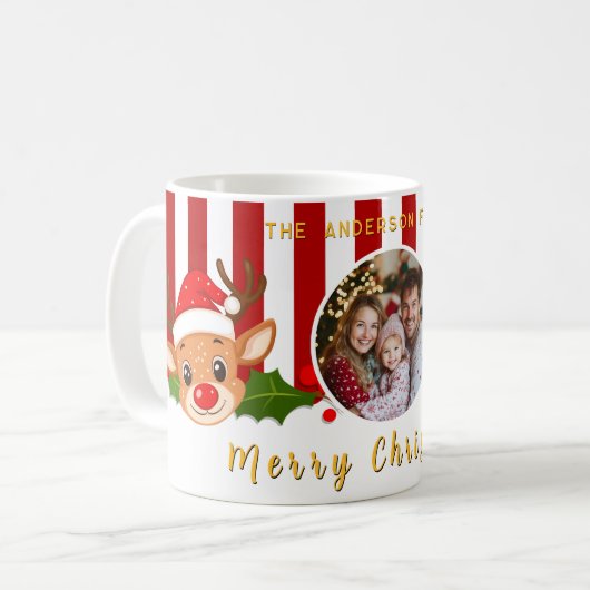 Weihnachts-Niedliches Foto Santa Reindeer & Holly Kaffeetasse (Vorderseite Links)