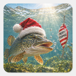 Weihnachts-Nördlicher Hecht mit Santa-Hut Quadratischer Aufkleber