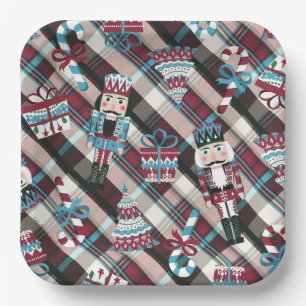 Weihnachts Nussknacker Kariert Blau Burgund Pappteller