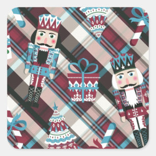 Weihnachts Nussknacker Kariert Blau Burgund Quadratischer Aufkleber