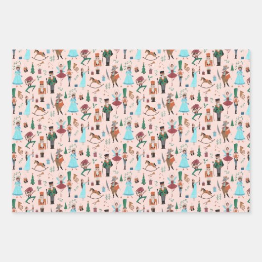 Weihnachts-Nutcracker-Ballett rosa blaues Ekru Geschenkpapier Set (Vorderseite)