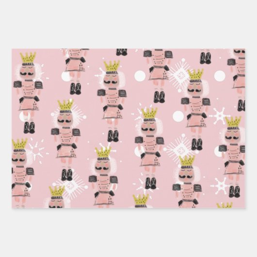 Weihnachts-Nutcracker-Figuren Hand gezeichnet Rosa Geschenkpapier Set (Vorderseite)