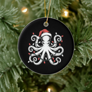 Weihnachts-Oktopus-Santa-Hut-Lichter Xmas-Feiertag Keramik Ornament
