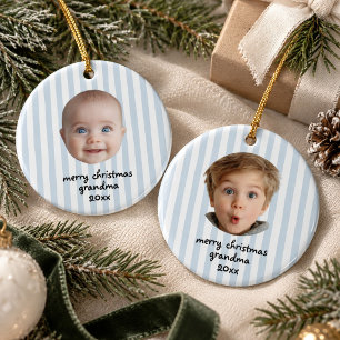 Weihnachts-Oma 2 Foto Baby Gesicht Blaue Streifen Keramik Ornament