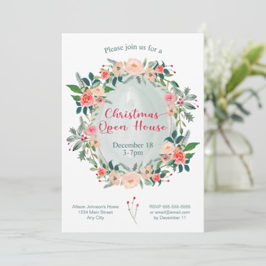Weihnachts Open House Party Winter Floral Einladung (Stehend Vorderseite)