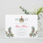 Weihnachts Open House Red Berries Greenery Einladung (Stehend Vorderseite)