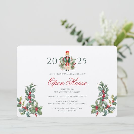 Weihnachts Open House Red Berries Greenery Einladung (Stehend Vorderseite)