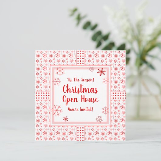 Weihnachts Open House Red Snowflake Einladung (Stehend Vorderseite)