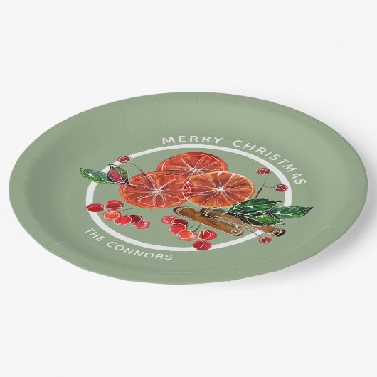 Weihnachts Orange Slices Cinnamon Sticks Berries Pappteller (Schrägansicht)