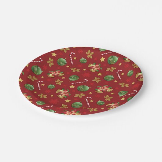 Weihnachts-Ornamant & Candy Cane Muster Pappteller (Schrägansicht)