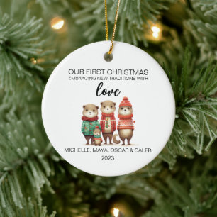 Weihnachts-Otter-Familie von vier Keramik Ornament