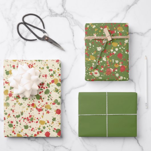 Weihnachts Paint Spatter Muster Red Green Creme Geschenkpapier Set (Vorderseite)