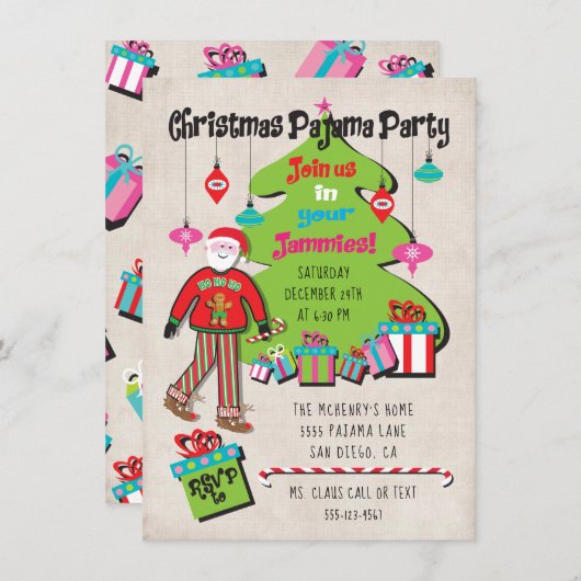 Weihnachts-Pajama-Party mit Weihnachtsmann und Ges Einladung (Vorne/Hinten)