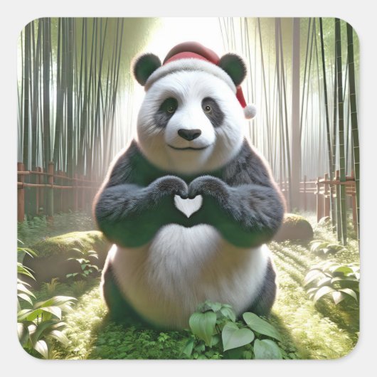 Weihnachts-Panda als Herz Quadratischer Aufkleber (Vorderseite)