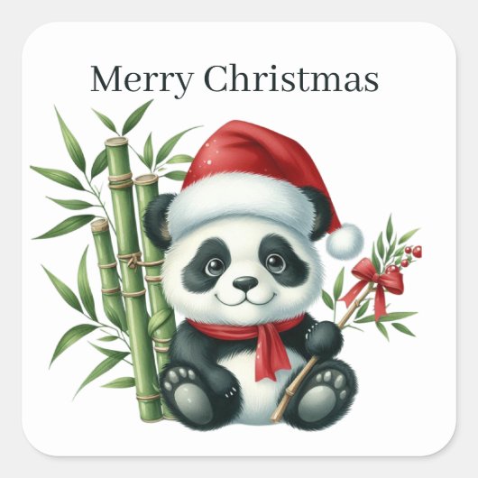 Weihnachts-Panda hinzufügen Text Quadratischer Aufkleber (Vorderseite)