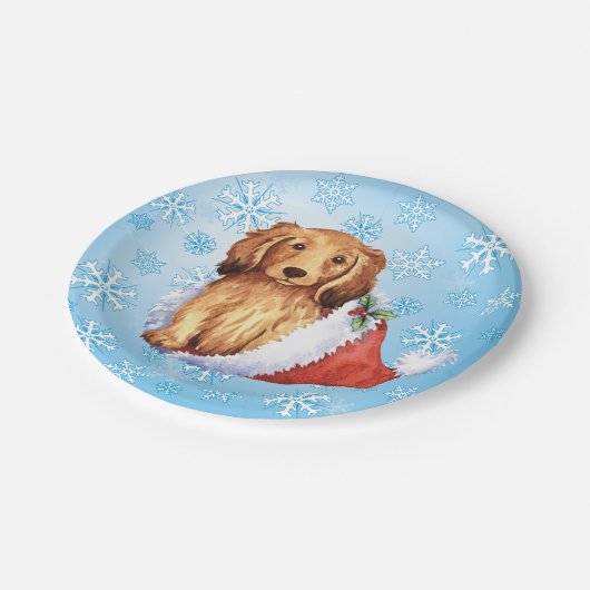 Weihnachts-Papierplatte für langhaarige Dackel Pappteller (Schrägansicht)