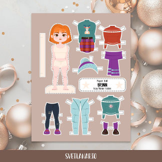 Weihnachts-Papierpuppe Rotschopf-Mädchen Winter-Ou