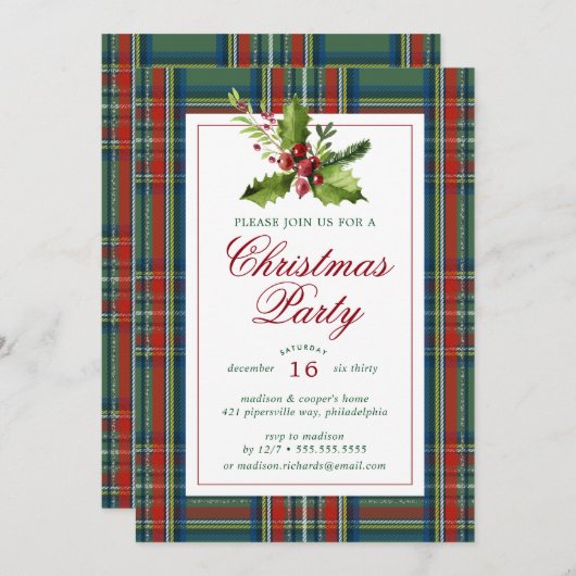 Weihnachts-Party | Aquarellfarbe Kariert Einladung (Vorne/Hinten)