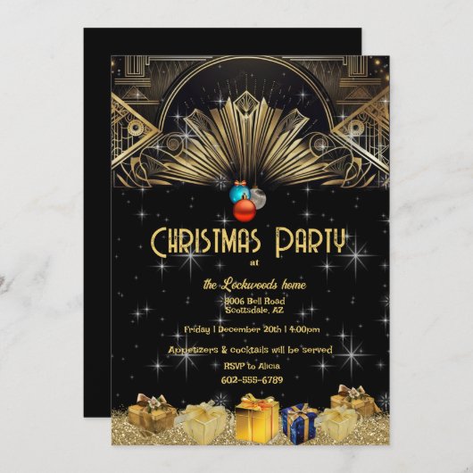 Weihnachts Party Art Deco Gold Schwarz Einladung (Vorne/Hinten)