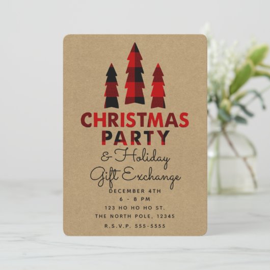 Weihnachts-Party Bäume Kariert Kraft Urlaubsbörse Einladung (Stehend Vorderseite)