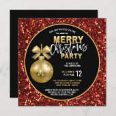 Weihnachts-PARTY Black Gold Red Glitzer Bauble Einladung (Vorne/Hinten)