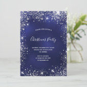 Weihnachts Party Blau silber Glitzer funkeln Einladung (Stehend Vorderseite)
