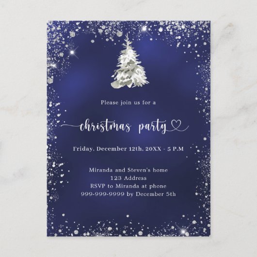 Weihnachts Party Blau silber Glitzer funkeln Einladungspostkarte (Vorderseite)