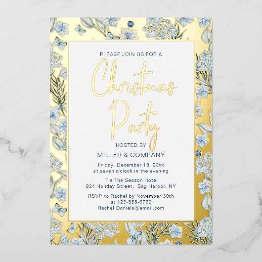 Weihnachts-Party Blue Butterfly Folieneinladung (Vorderseite)