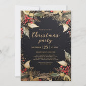 Weihnachts-Party botanischer Schwarz-Gold-Urlaub Einladung (Vorderseite)