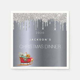 Weihnachts-Party-Dinner Silber Glitzer Schlittenna Serviette