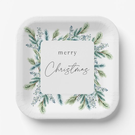 Weihnachts-Party Einladung Boho Spruce und Fir Pappteller (Vorderseite)