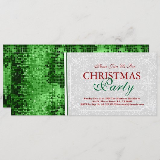 Weihnachts-Party Einladung Grüne Disco Glitzer (Vorne/Hinten)