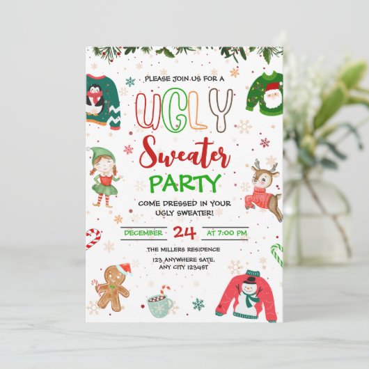 Weihnachts-Party Einladung im hässlichen Sweater, (Stehend Vorderseite)