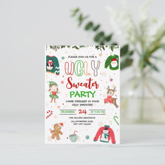 Weihnachts-Party Einladung im hässlichen Sweater, Postkarte (Stehend Vorderseite)
