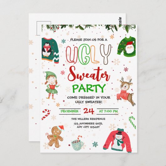 Weihnachts-Party Einladung im hässlichen Sweater, Postkarte (Vorne/Hinten)