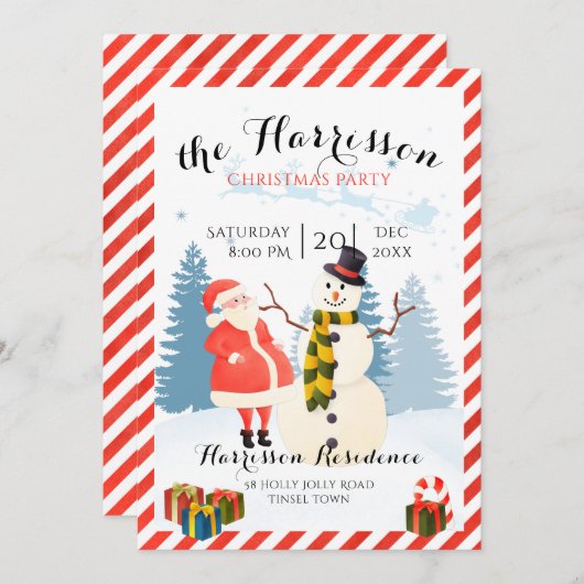 Weihnachts-Party Einladung mit Santa und Schneeman (Vorne/Hinten)