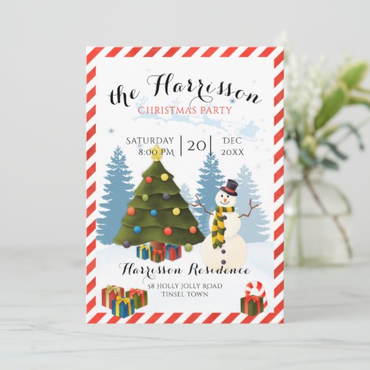 Weihnachts-Party Einladung mit Schneemann und Baum (Stehend Vorderseite)