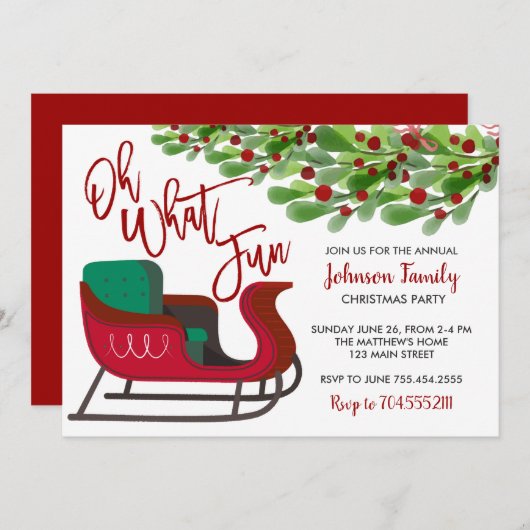 Weihnachts-Party Einladung, oh was Spaß, Sleigh Einladung (Vorne/Hinten)
