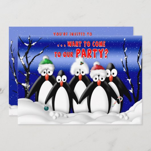 Weihnachts-Party Einladung - Penquins - Spaß (Vorne/Hinten)