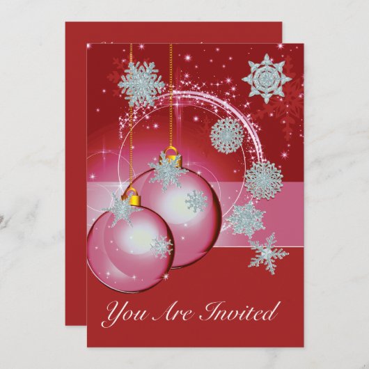 Weihnachts-Party Einladung Rot, Schneeflocke (Vorne/Hinten)