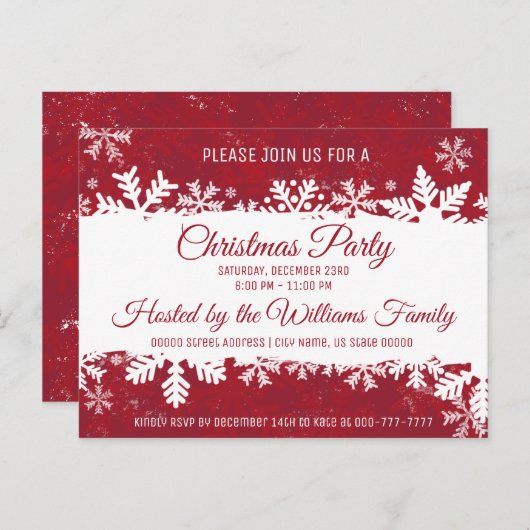 Weihnachts-Party Einladung Rote Rustikale Schneefl (Vorne/Hinten)