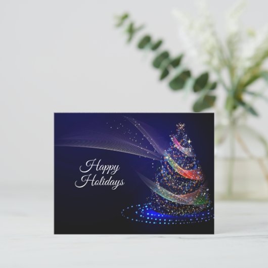 Weihnachts Party farbenfrohe Bäume Navy Blue Rusti Postkarte (Stehend Vorderseite)