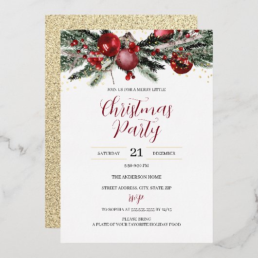 Weihnachts-Party Foliage Red Gold Folieneinladung (Vorderseite/Rückseite)