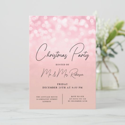 Weihnachts-Party Glam Rose Gold Lights Sparkon Einladung (Stehend Vorderseite)