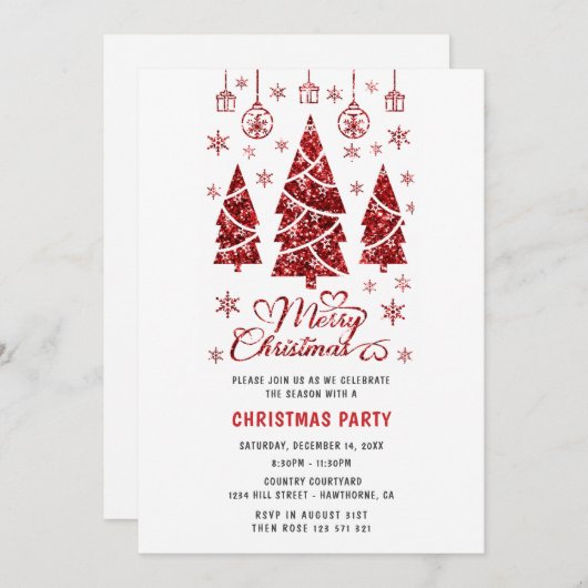 Weihnachts-Party Glitzer Roter Baum Einladung (Vorne/Hinten)