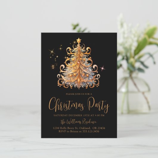Weihnachts-Party Gold Schwarzer Baum Einladung (Stehend Vorderseite)