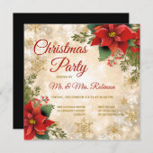Weihnachts-Party Gold Sparkle Rote Poinsettia Einladung (Vorne/Hinten)