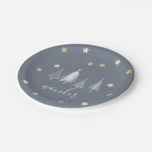 Weihnachts Party Gold Stars Blue Pappteller (Schrägansicht)