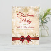 Weihnachts-Party Gold Winter Sparkone Rote Schleif Einladung (Stehend Vorderseite)